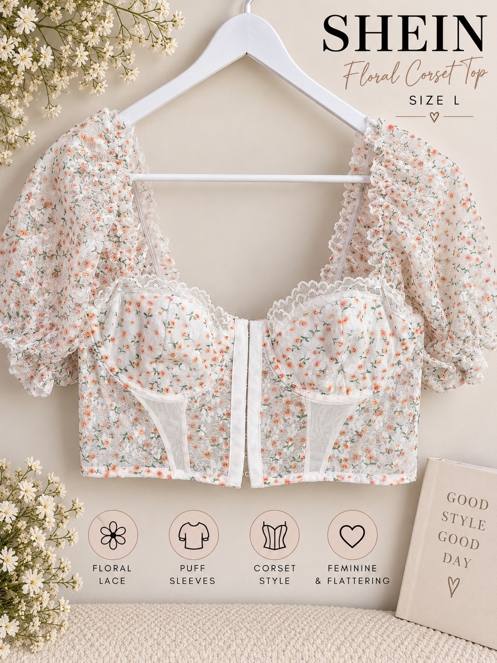 SHEIN White Floral Corset Top with Puff Sleeves
